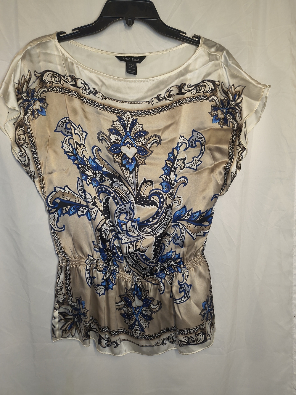 White House Black Market Cream Satin Blouse with Blue Paisley Print
